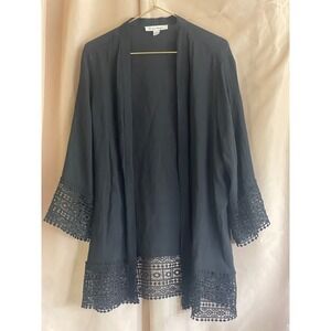 Studio Works Womens Black Crochet Lace Trim Kimono Cardigan Open Front Large
